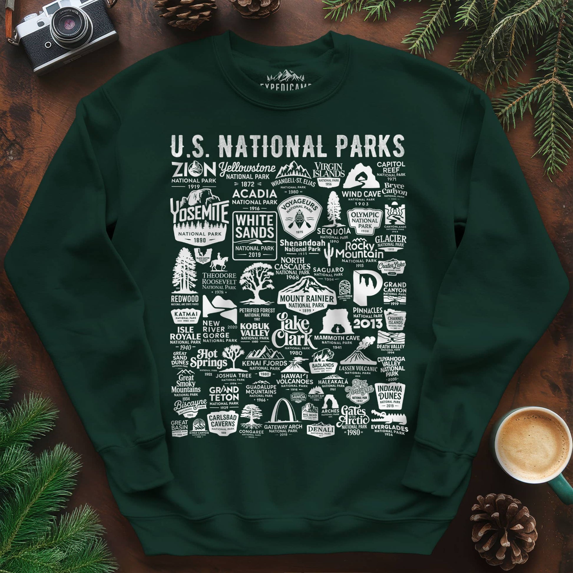 63 National Parks Vintage Logo Sweatshirt – Forest Green – Outdoor apparel for travel, hiking, camping, and nature lovers – ExpediCamp