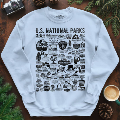 63 National Parks Vintage Logo Sweatshirt – Light Blue – Outdoor apparel for travel, hiking, camping, and nature lovers – ExpediCamp