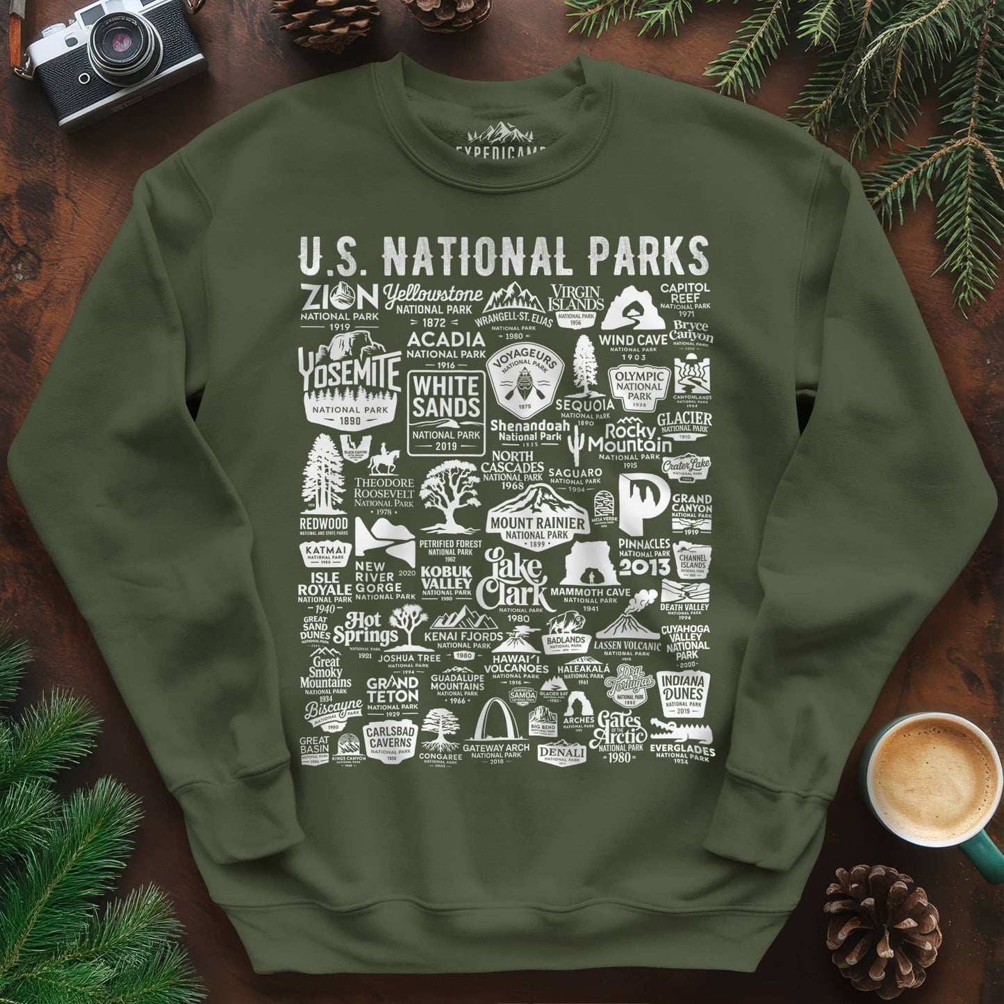 63 National Parks Vintage Logo Sweatshirt – Military Green – Outdoor apparel for travel, hiking, camping, and nature lovers – ExpediCamp