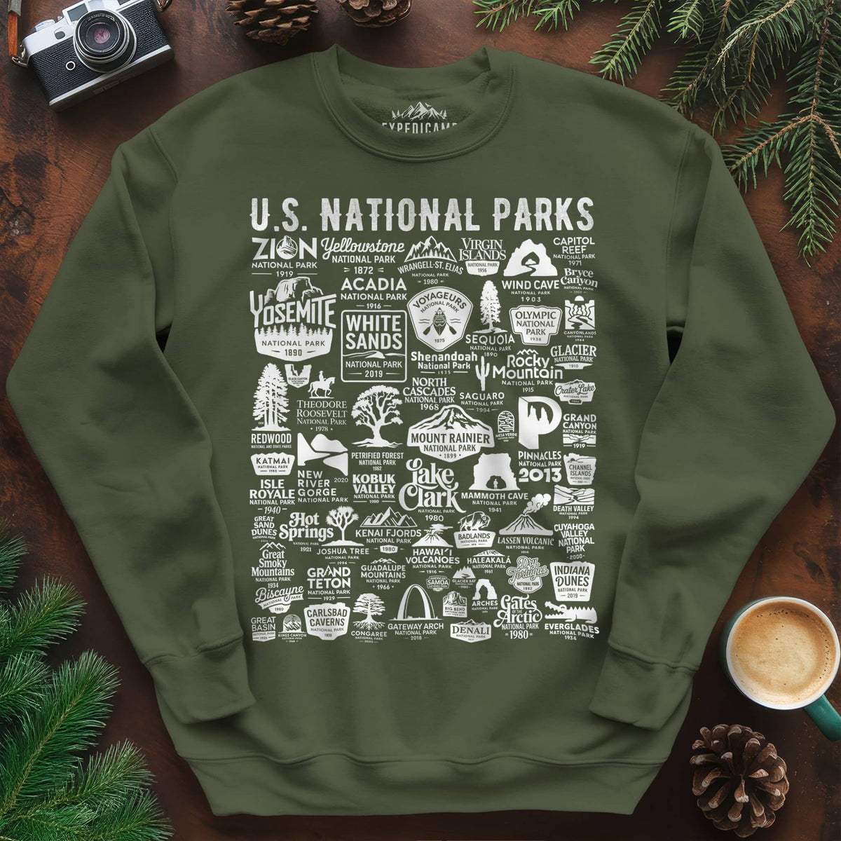 63 National Parks Vintage Logo Sweatshirt – Military Green – Outdoor apparel for travel, hiking, camping, and nature lovers – ExpediCamp