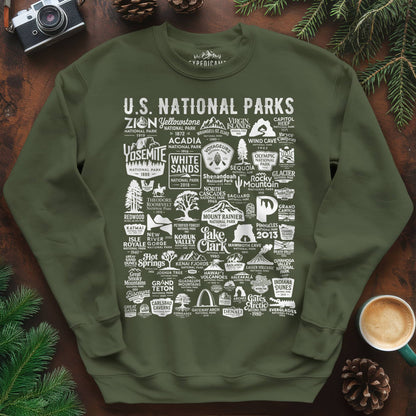63 National Parks Vintage Logo Sweatshirt – Military Green – Outdoor apparel for travel, hiking, camping, and nature lovers – ExpediCamp
