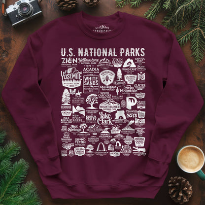 63 National Parks Vintage Logo Sweatshirt – Maroon – Outdoor apparel for travel, hiking, camping, and nature lovers – ExpediCamp