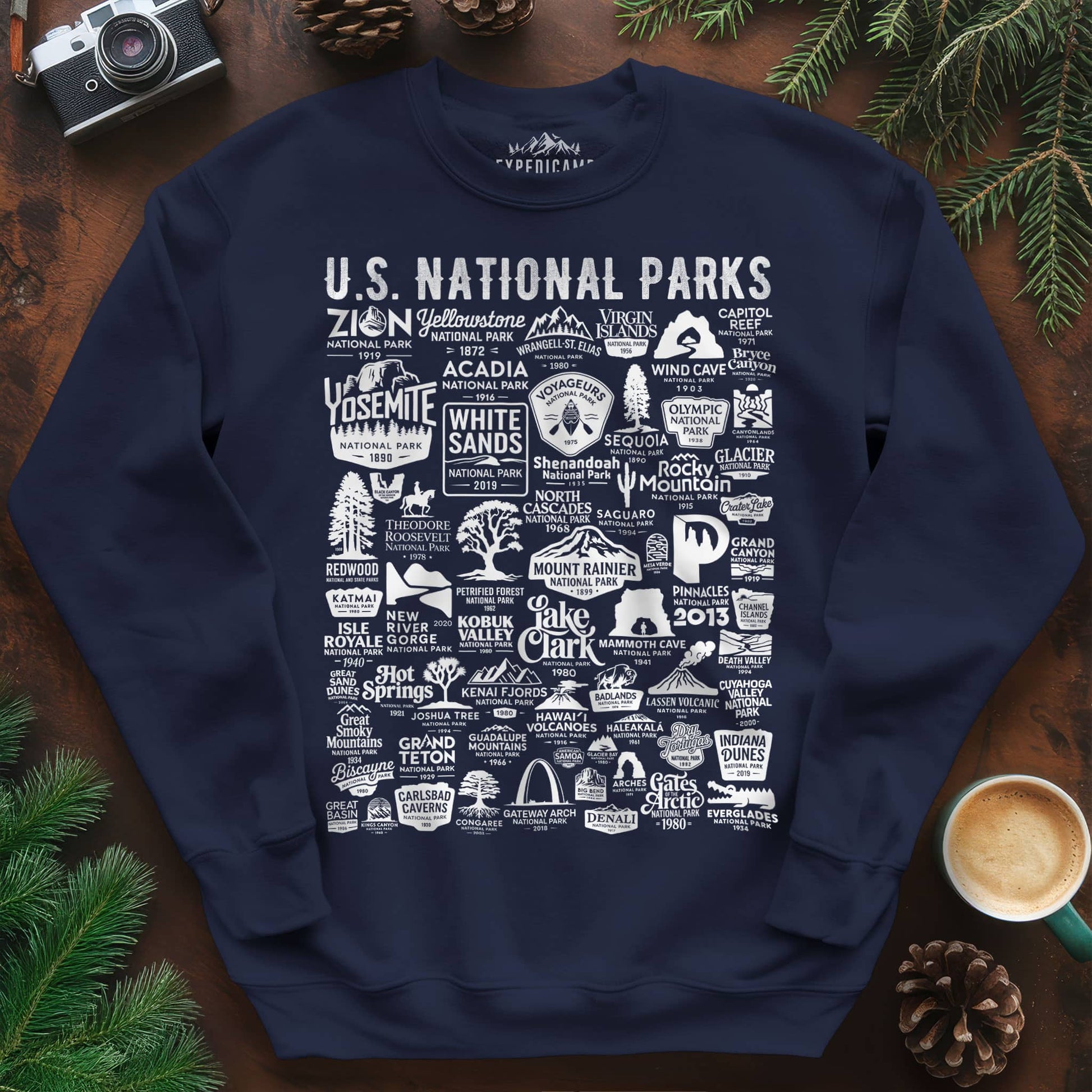 63 National Parks Vintage Logo Sweatshirt – Navy – Outdoor apparel for travel, hiking, camping, and nature lovers – ExpediCamp
