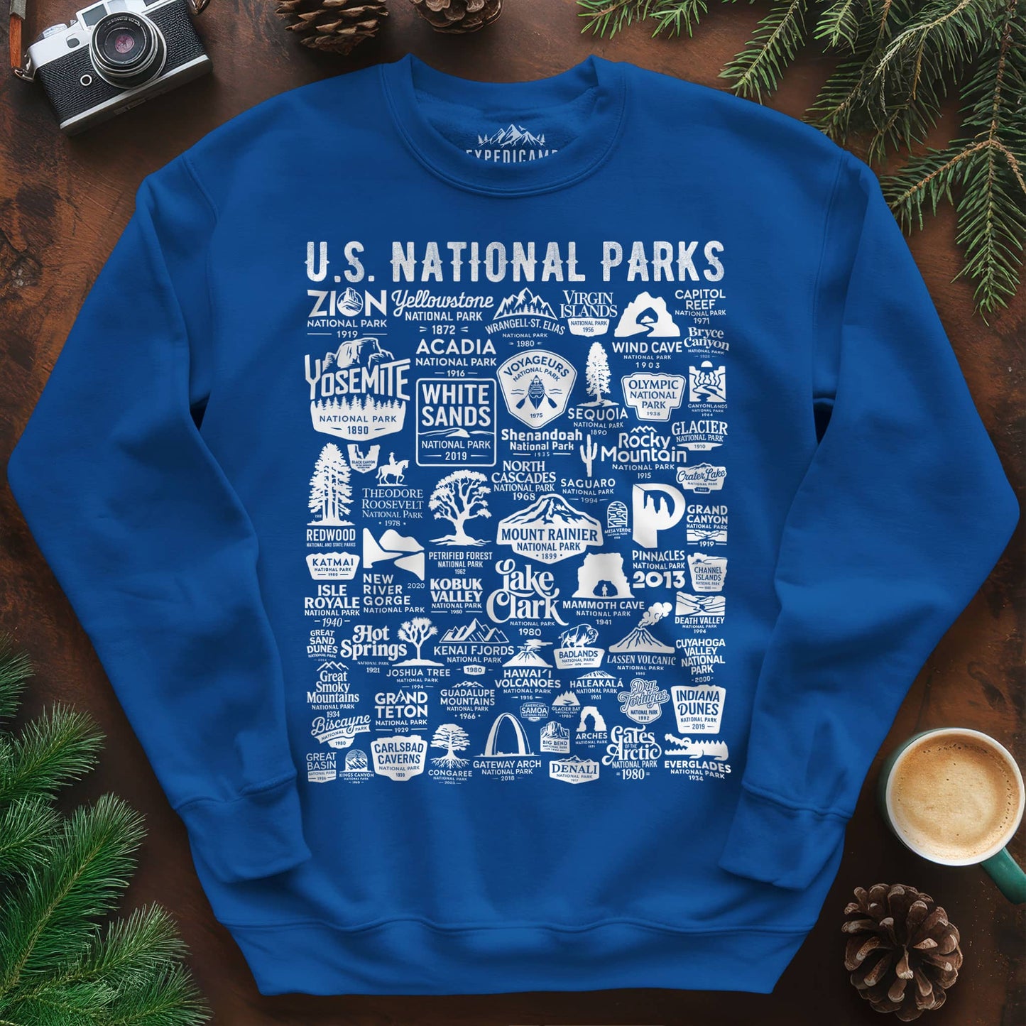 63 National Parks Vintage Logo Sweatshirt – Royal – Outdoor apparel for travel, hiking, camping, and nature lovers – ExpediCamp