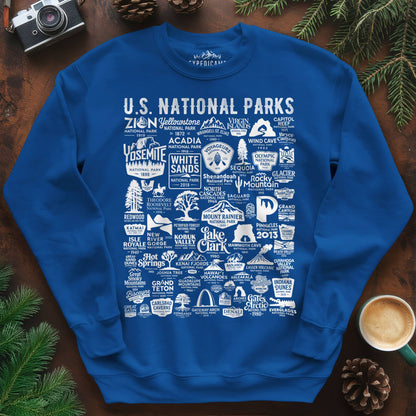 63 National Parks Vintage Logo Sweatshirt – Royal – Outdoor apparel for travel, hiking, camping, and nature lovers – ExpediCamp