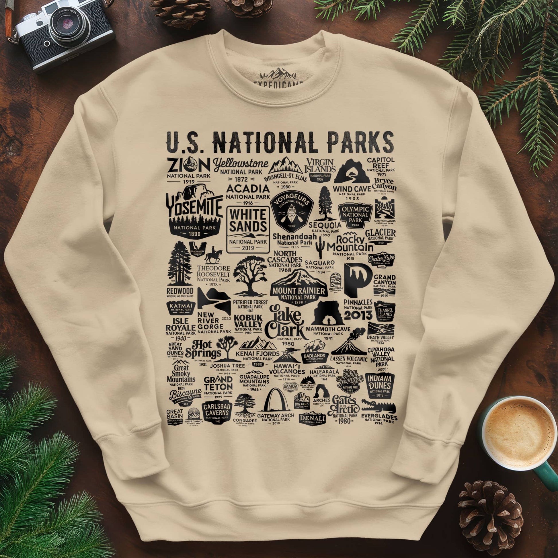 63 National Parks Vintage Logo Sweatshirt – Sand – Outdoor apparel for travel, hiking, camping, and nature lovers – ExpediCamp