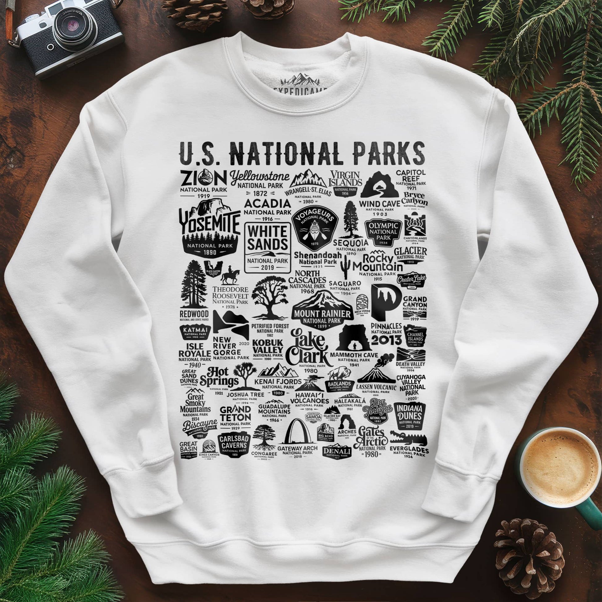 63 National Parks Vintage Logo Sweatshirt – White – Outdoor apparel for travel, hiking, camping, and nature lovers – ExpediCamp