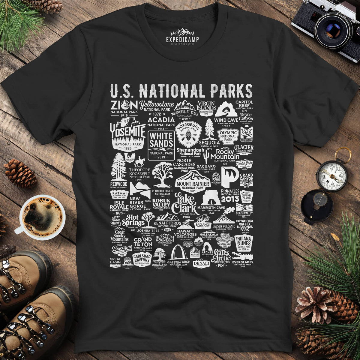 63 National Parks Vintage Logo T-Shirt – Black – Outdoor apparel for travel, hiking, camping, and nature lovers – ExpediCamp