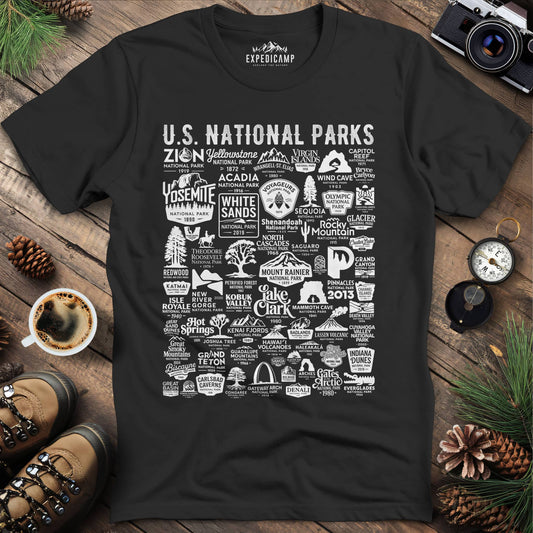 63 National Parks Vintage Logo T-Shirt – Black – Outdoor apparel for travel, hiking, camping, and nature lovers – ExpediCamp