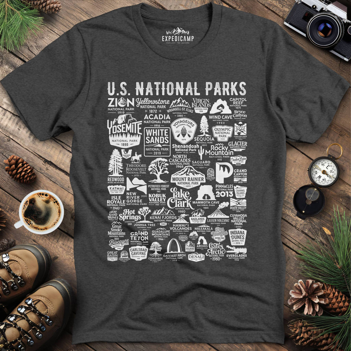 63 National Parks Vintage Logo T-Shirt – Dark Heather – Outdoor apparel for travel, hiking, camping, and nature lovers – ExpediCamp