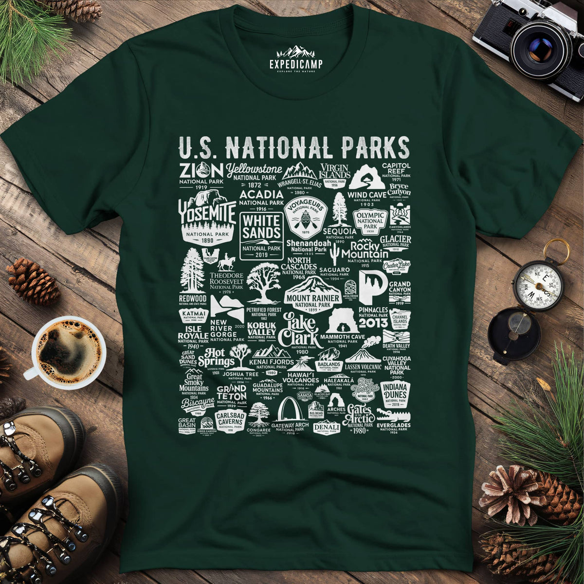 63 National Parks Vintage Logo T-Shirt – Forest Green – Outdoor apparel for travel, hiking, camping, and nature lovers – ExpediCamp