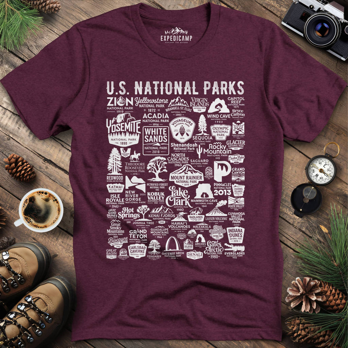 63 National Parks Vintage Logo T-Shirt – Heather Maroon – Outdoor apparel for travel, hiking, camping, and nature lovers – ExpediCamp