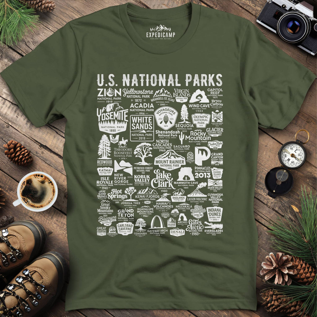 63 National Parks Vintage Logo T-Shirt – Military Green – Outdoor apparel for travel, hiking, camping, and nature lovers – ExpediCamp