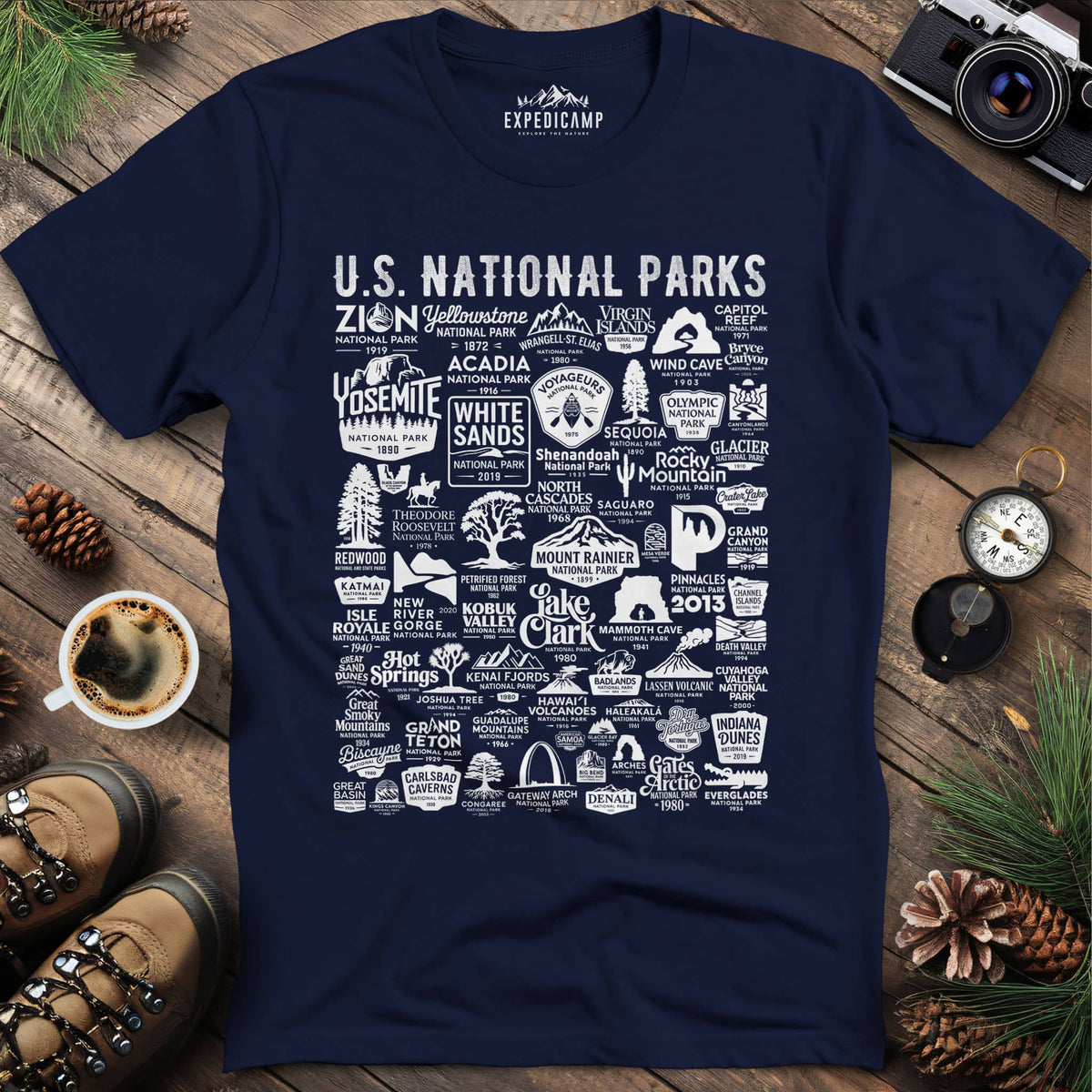 63 National Parks Vintage Logo T-Shirt – Navy – Outdoor apparel for travel, hiking, camping, and nature lovers – ExpediCamp