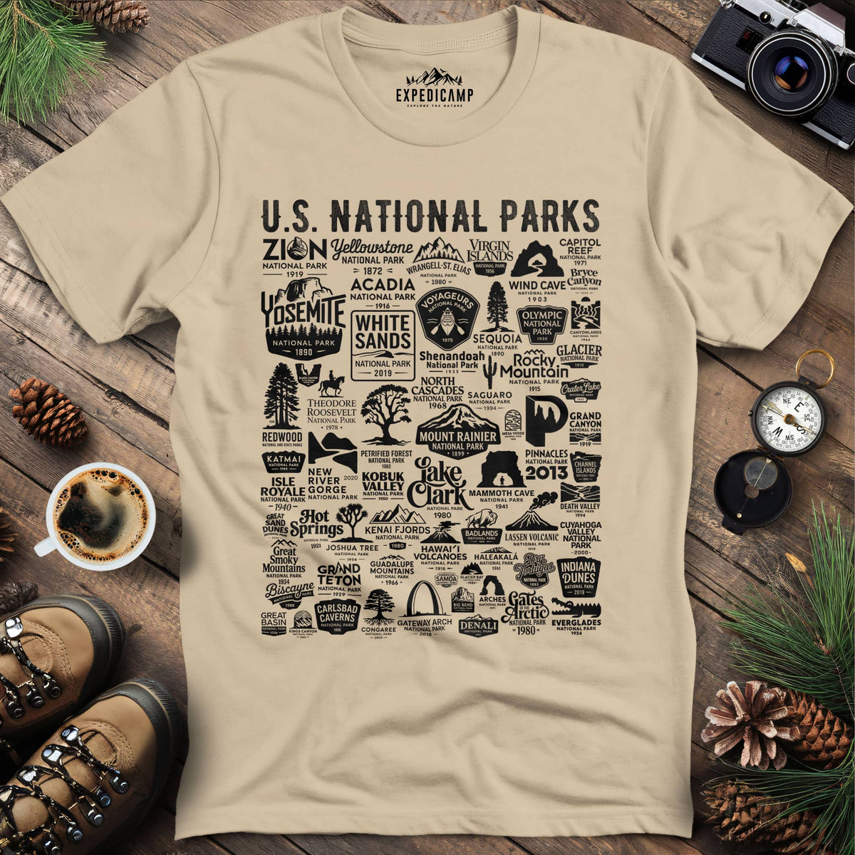 63 National Parks Vintage Logo T-Shirt – Sand – Outdoor apparel for travel, hiking, camping, and nature lovers – ExpediCamp
