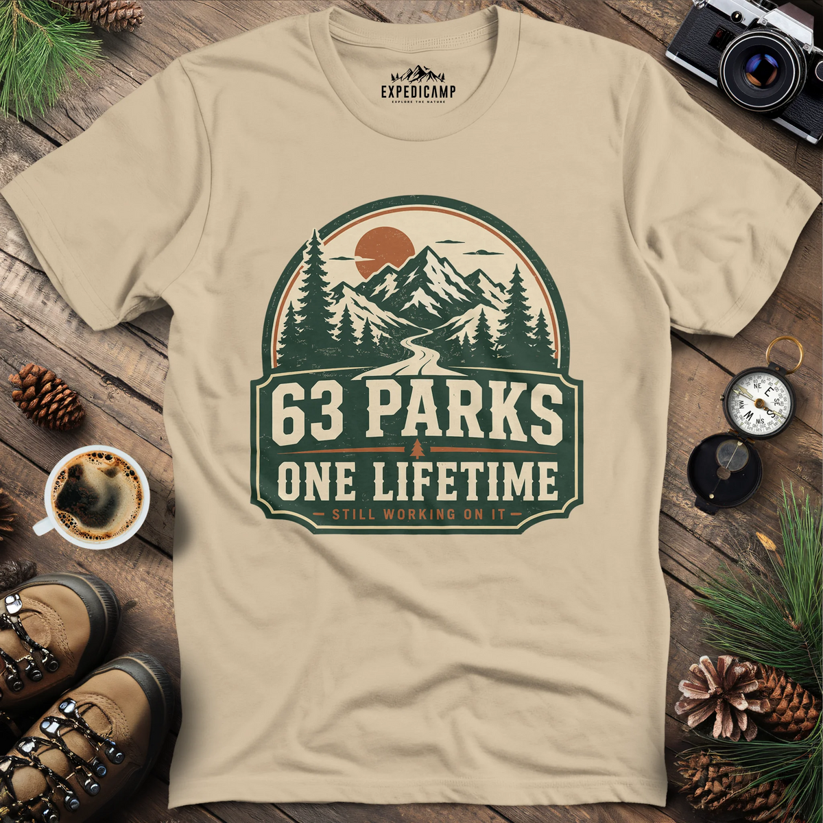63 Parks One Lifetime T-Shirt – Sand – Outdoor apparel for travel, hiking, camping, and nature lovers – ExpediCamp