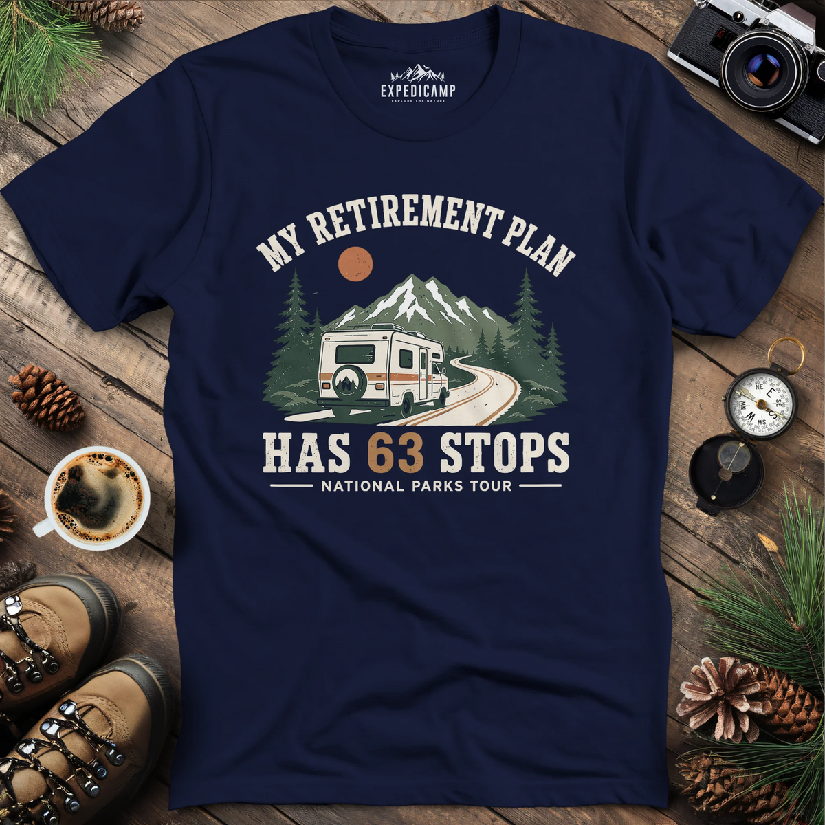 My Retirement Plan Has 63 Stops T-Shirt – Navy – Outdoor apparel for travel, hiking, camping, and nature lovers – ExpediCamp