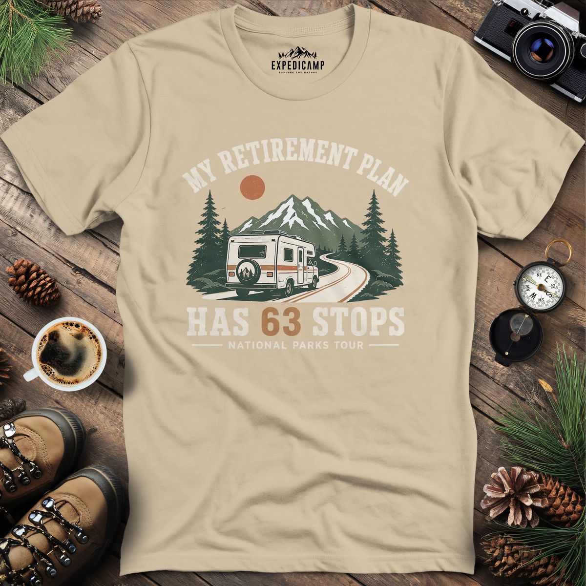 My Retirement Plan Has 63 Stops T-Shirt – Sand – Outdoor apparel for travel, hiking, camping, and nature lovers – ExpediCamp