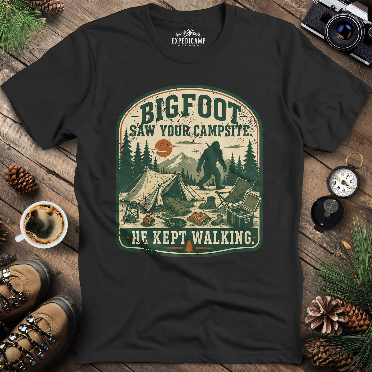 Bigfoot Saw Your Campsite T-Shirt – Black – Outdoor apparel for travel, hiking, camping, and nature lovers – ExpediCamp
