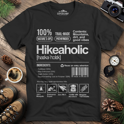 Hikeaholic T-Shirt – Funny Hiking Addict Label Tee