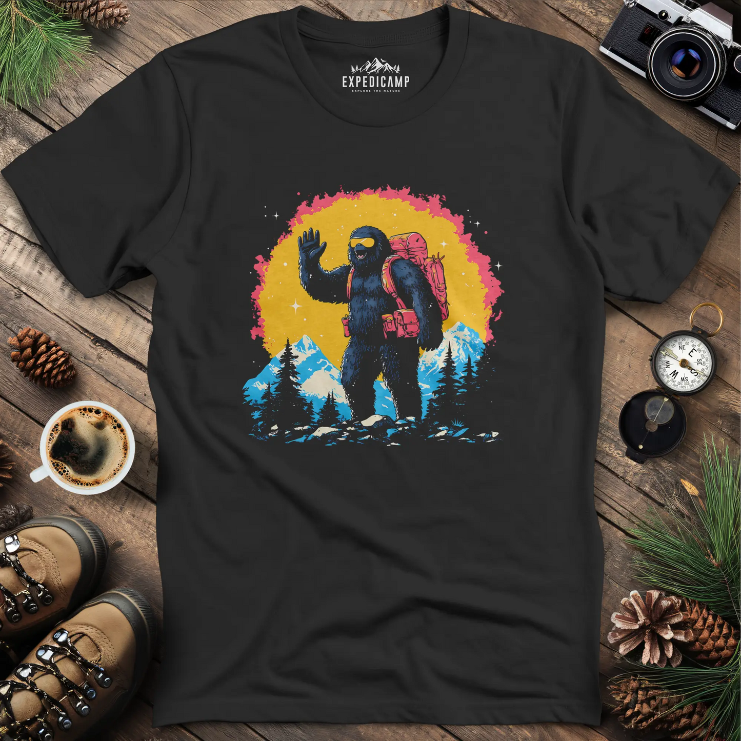 Bigfoot Waving T-Shirt – Friendly Sasquatch in the Mountains