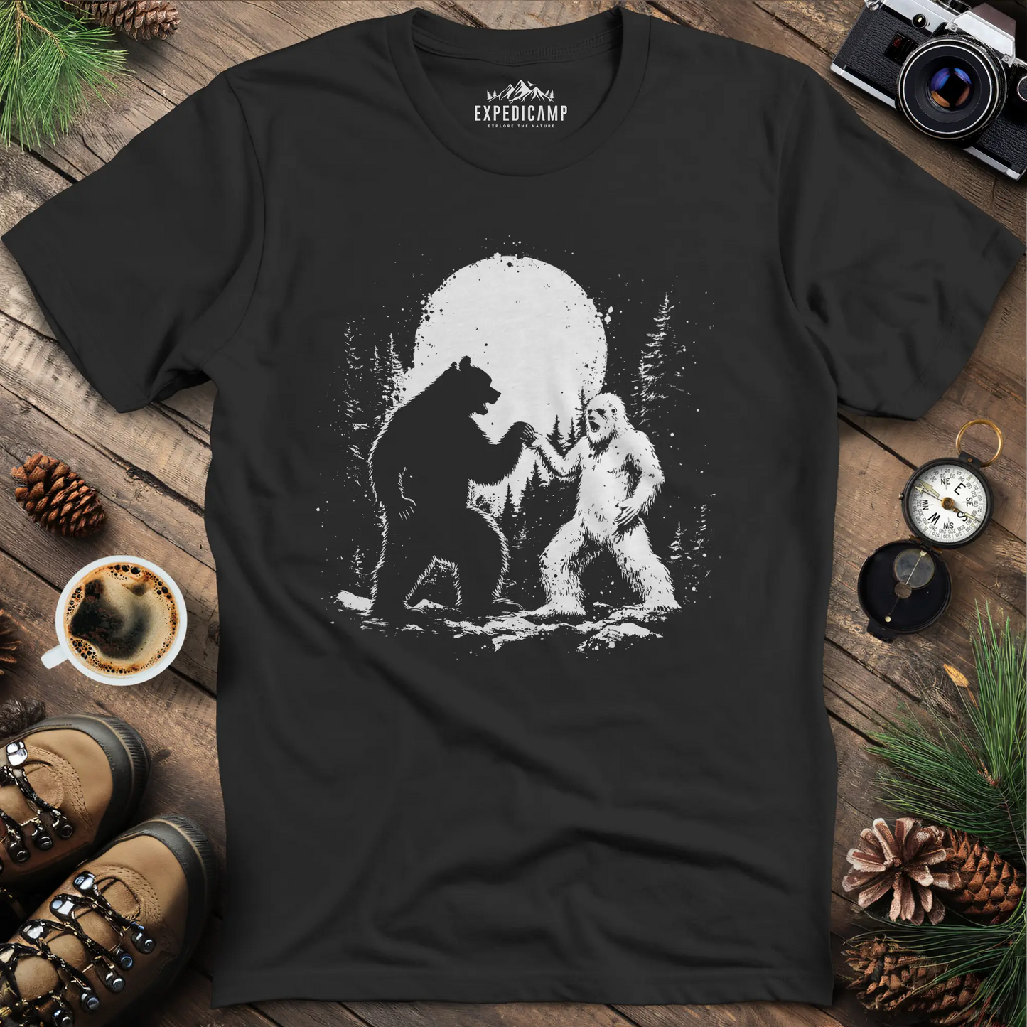 Bear and Bigfoot Dancing T-Shirt – Dancing Under the Moonlight Design