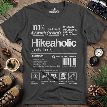 Hikeaholic T-Shirt – Funny Hiking Addict Label Tee