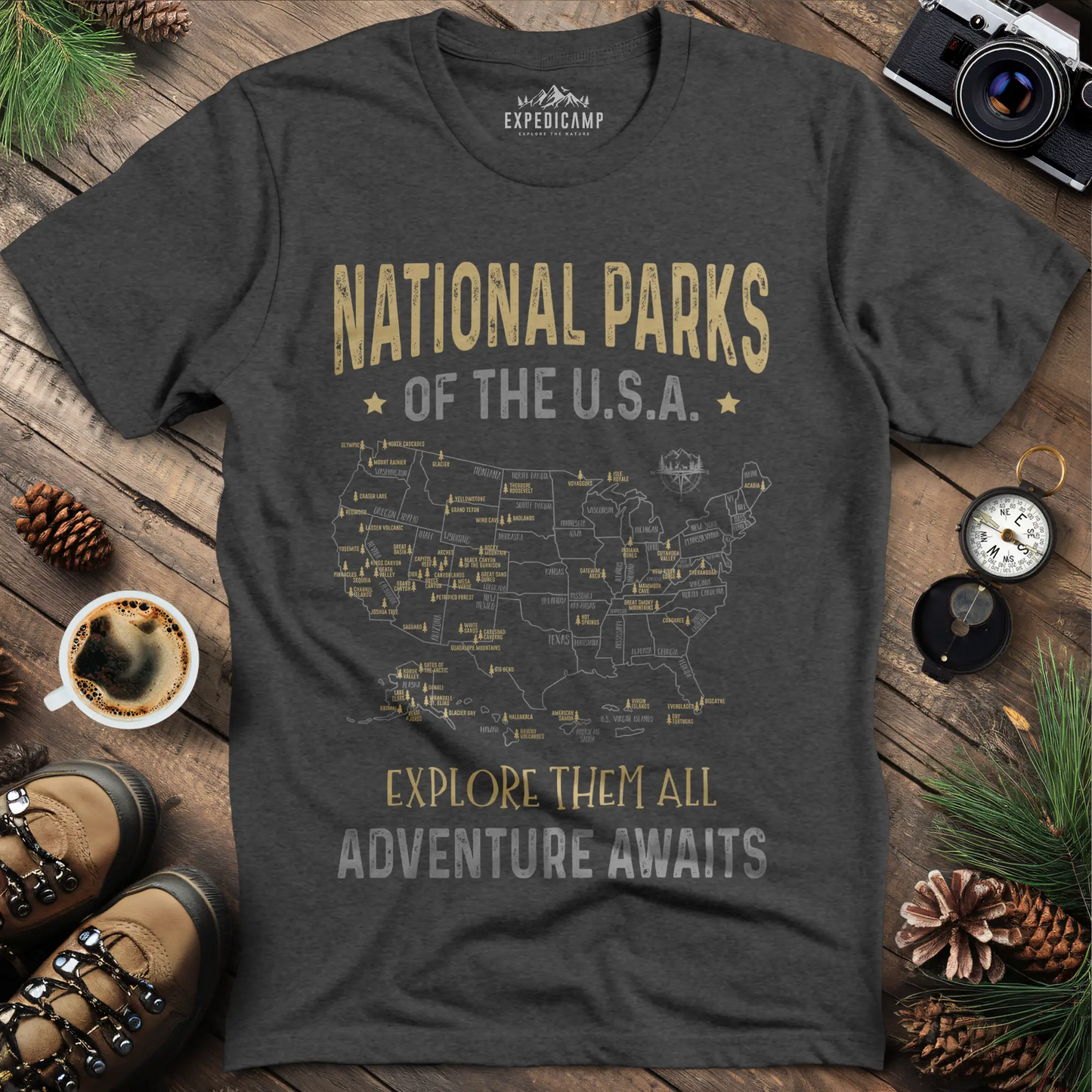 63 National Parks Of The USA Map T-Shirt