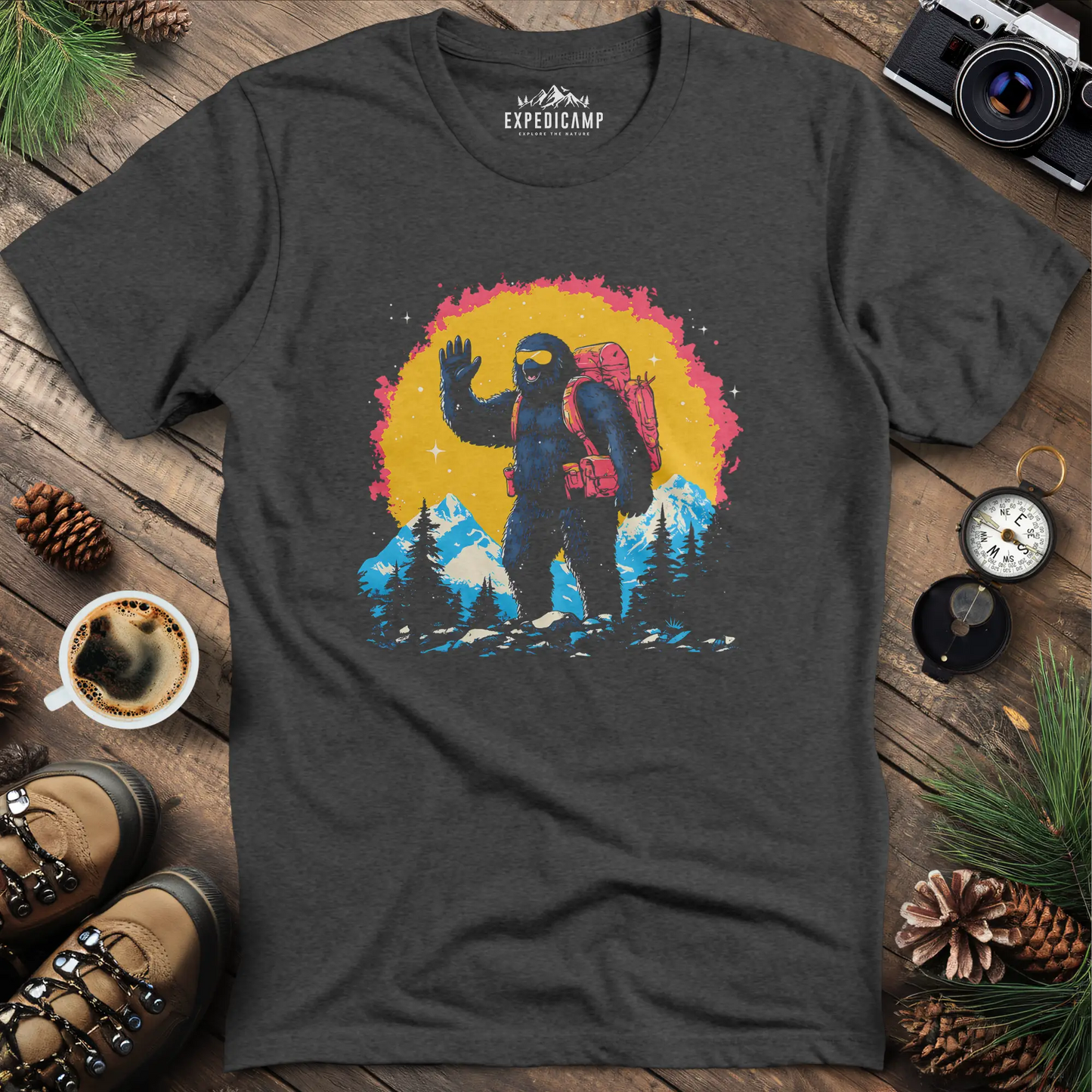 Bigfoot Waving T-Shirt – Friendly Sasquatch in the Mountains