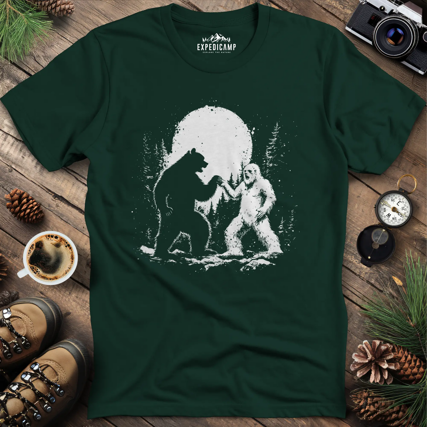 Bear and Bigfoot Dancing T-Shirt – Dancing Under the Moonlight Design