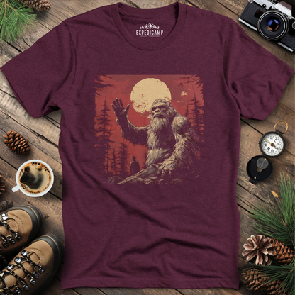 Bigfoot Waving T-Shirt – Friendly Sasquatch Under the Moon