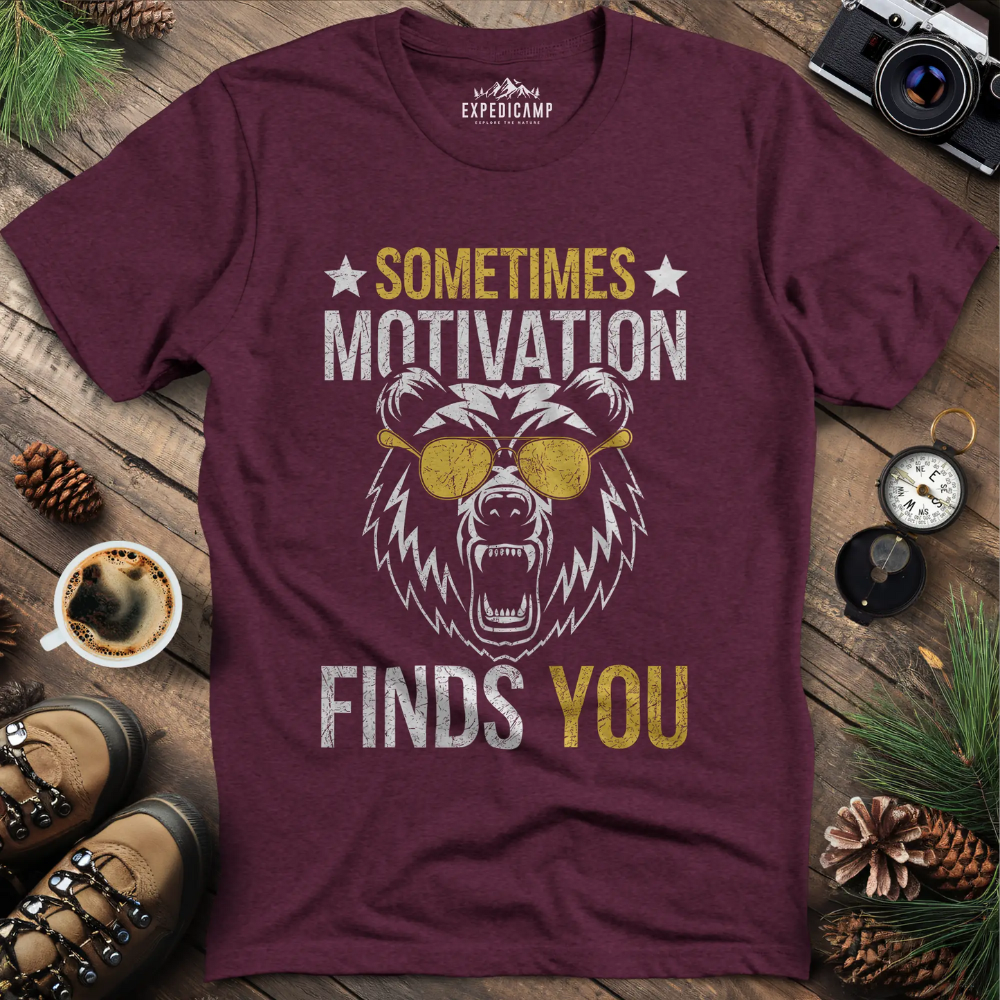 Sometimes Motivation Finds You - Sunglasses Bear T-Shirt