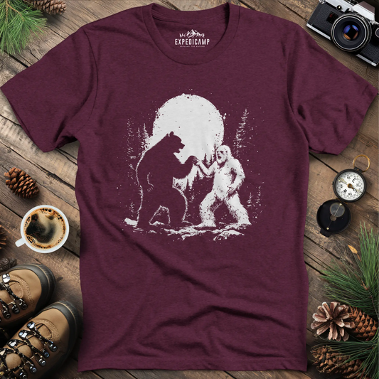 Bear and Bigfoot Dancing T-Shirt – Dancing Under the Moonlight Design