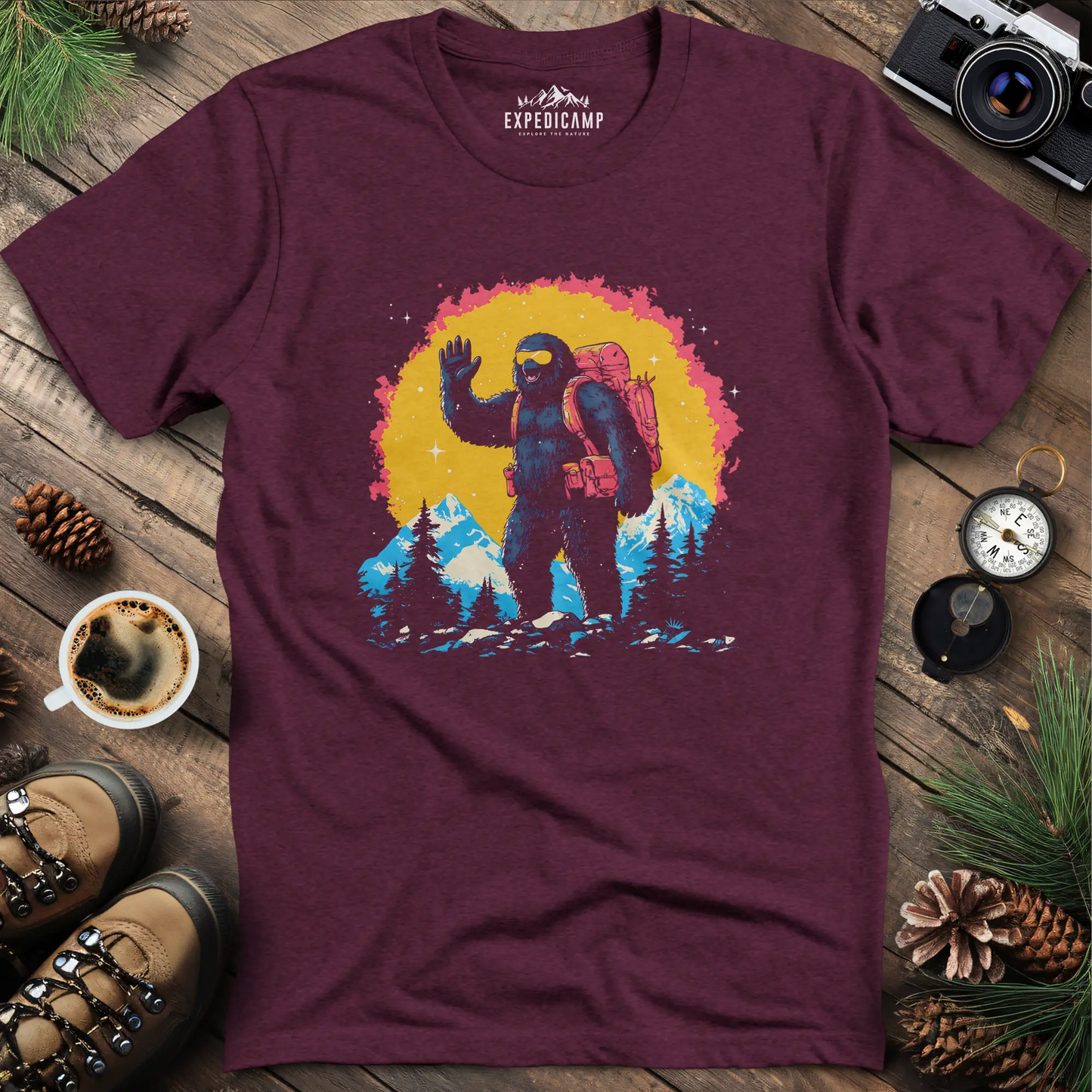 Bigfoot Waving T-Shirt – Friendly Sasquatch in the Mountains