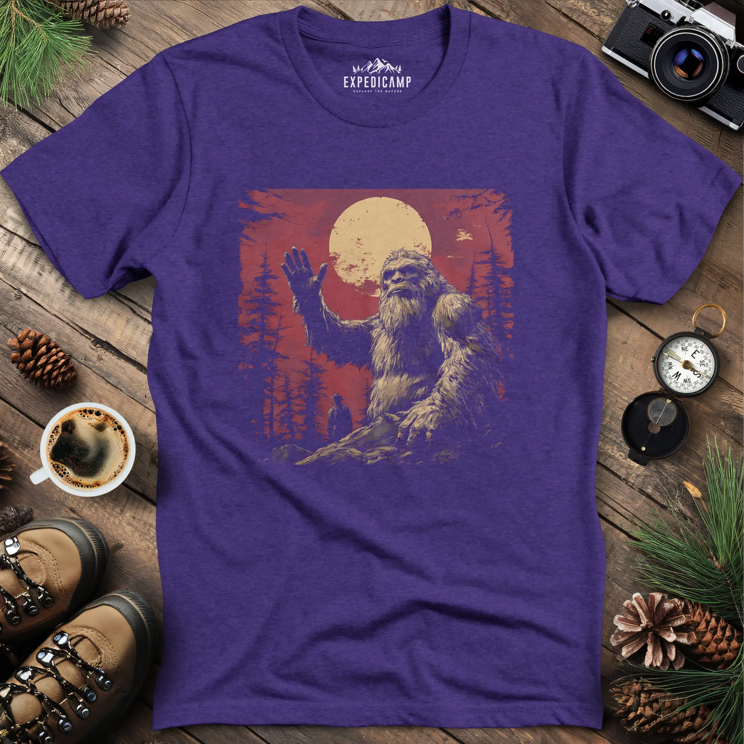 Bigfoot Waving T-Shirt – Friendly Sasquatch Under the Moon