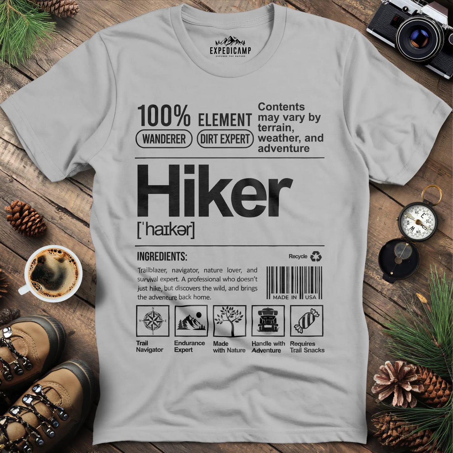 Hiker Label T-Shirt – Funny Hiking Ingredient Label Tee