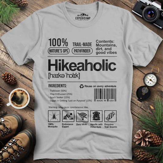 Hikeaholic T-Shirt – Funny Hiking Addict Label Tee