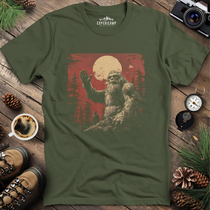 Bigfoot Waving T-Shirt – Friendly Sasquatch Under the Moon