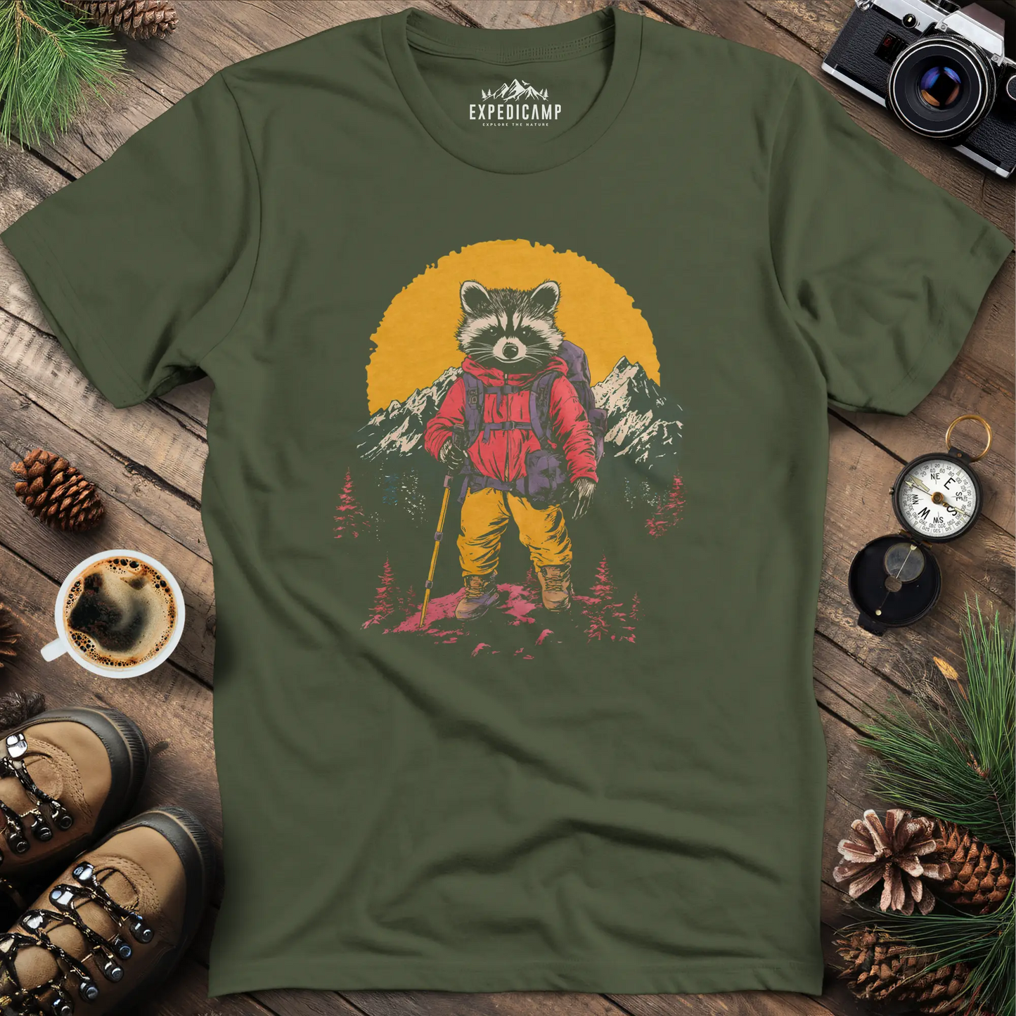 Raccoon Hiker T-Shirt – Mischievous Trailblazer