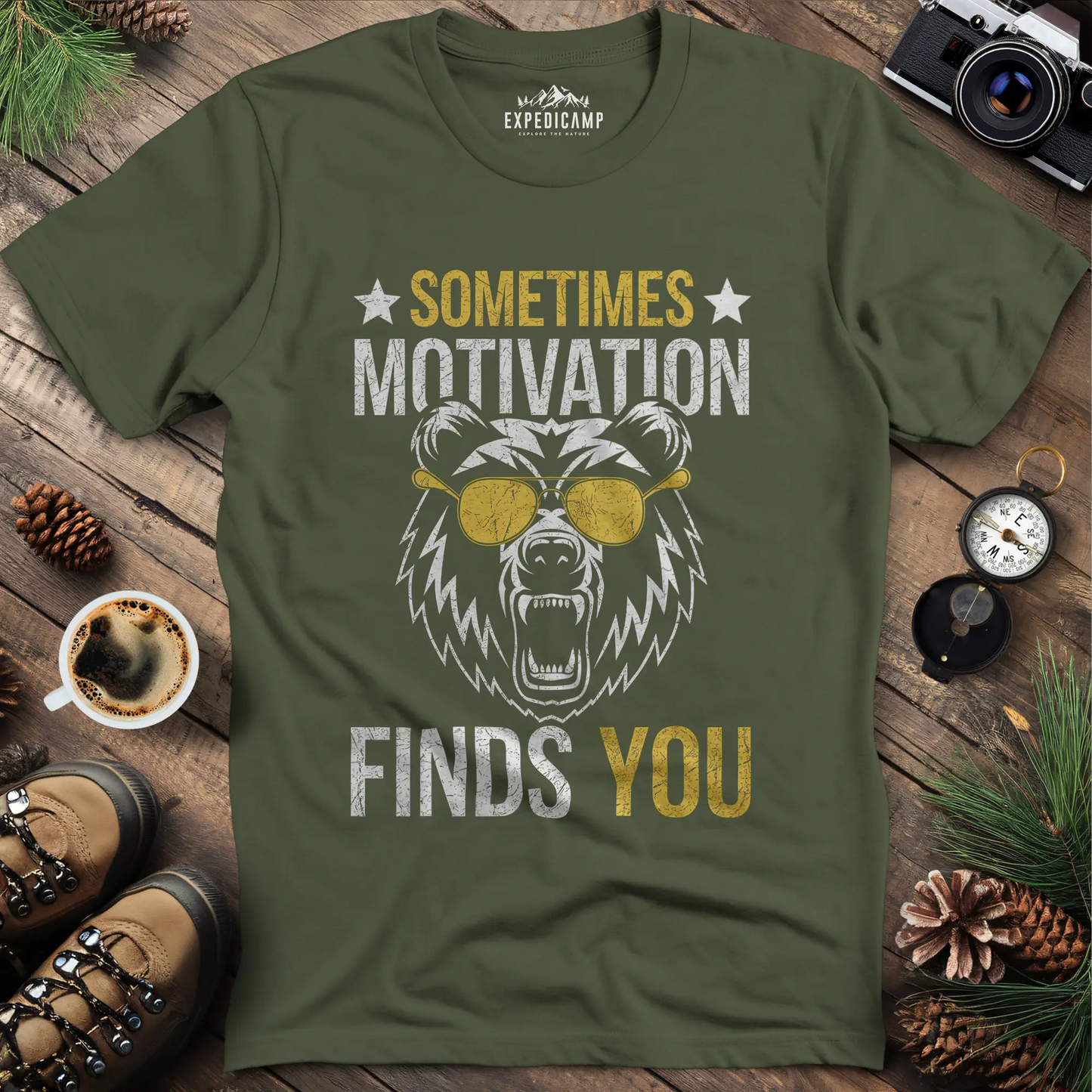 Sometimes Motivation Finds You - Sunglasses Bear T-Shirt