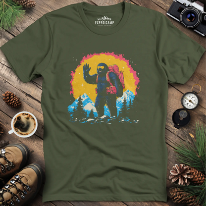 Bigfoot Waving T-Shirt – Friendly Sasquatch in the Mountains