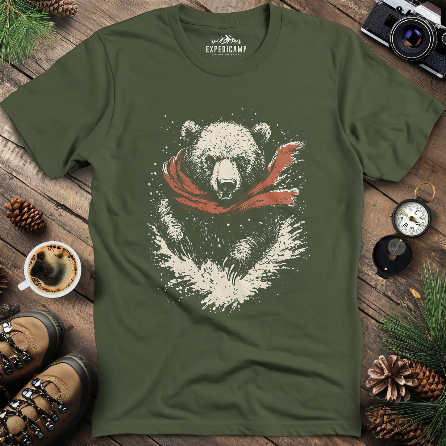 Winter Bear Scarf T-Shirt – Cozy Wilderness Design