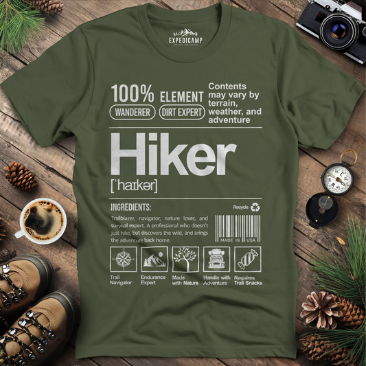 Hiker Label T-Shirt – Funny Hiking Ingredient Label Tee