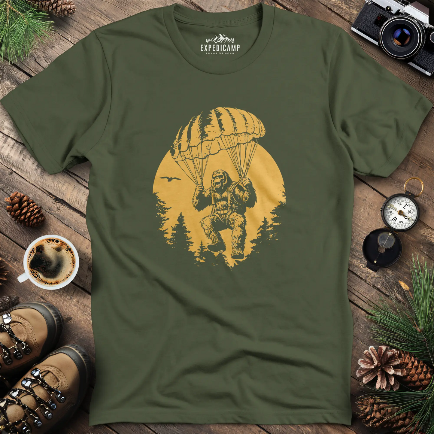 Parachuting Bigfoot T-Shirt – Funny Bigfoot Adventure Design