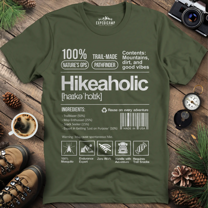 Hikeaholic T-Shirt – Funny Hiking Addict Label Tee