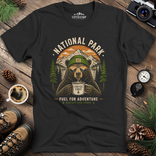 National Park Coffee First Bear T-Shirt – Black – Outdoor apparel for travel, hiking, camping, and nature lovers – ExpediCamp
