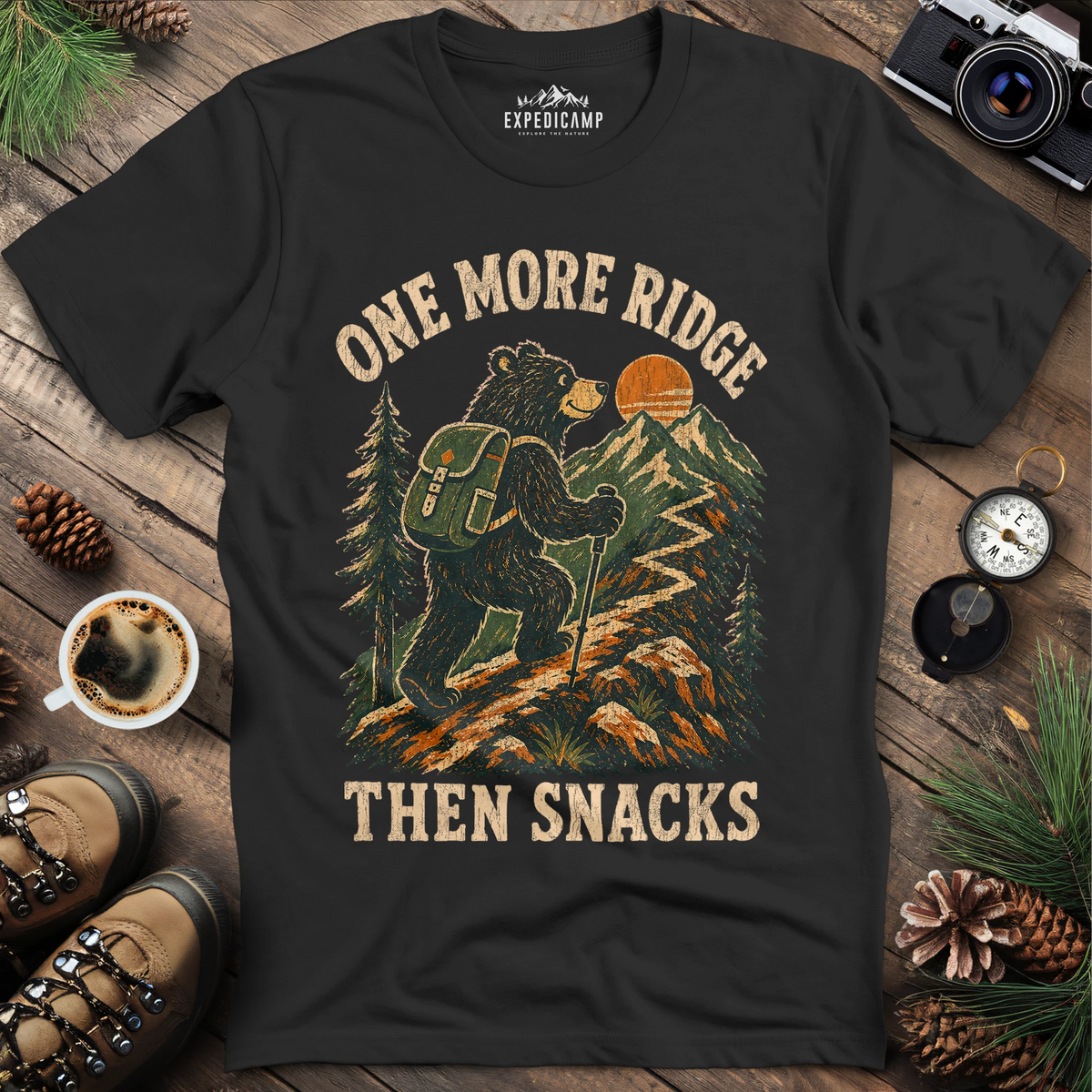 One More Ridge Then Snacks Hiking Bear Shirt – Black – Outdoor apparel for travel, hiking, camping, and nature lovers – ExpediCamp