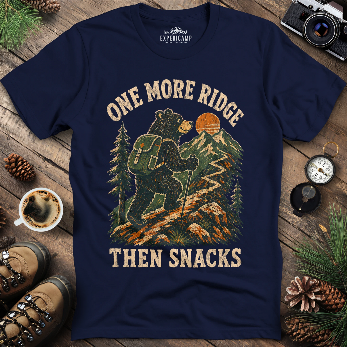 One More Ridge Then Snacks Hiking Bear Shirt – Navy – Outdoor apparel for travel, hiking, camping, and nature lovers – ExpediCamp