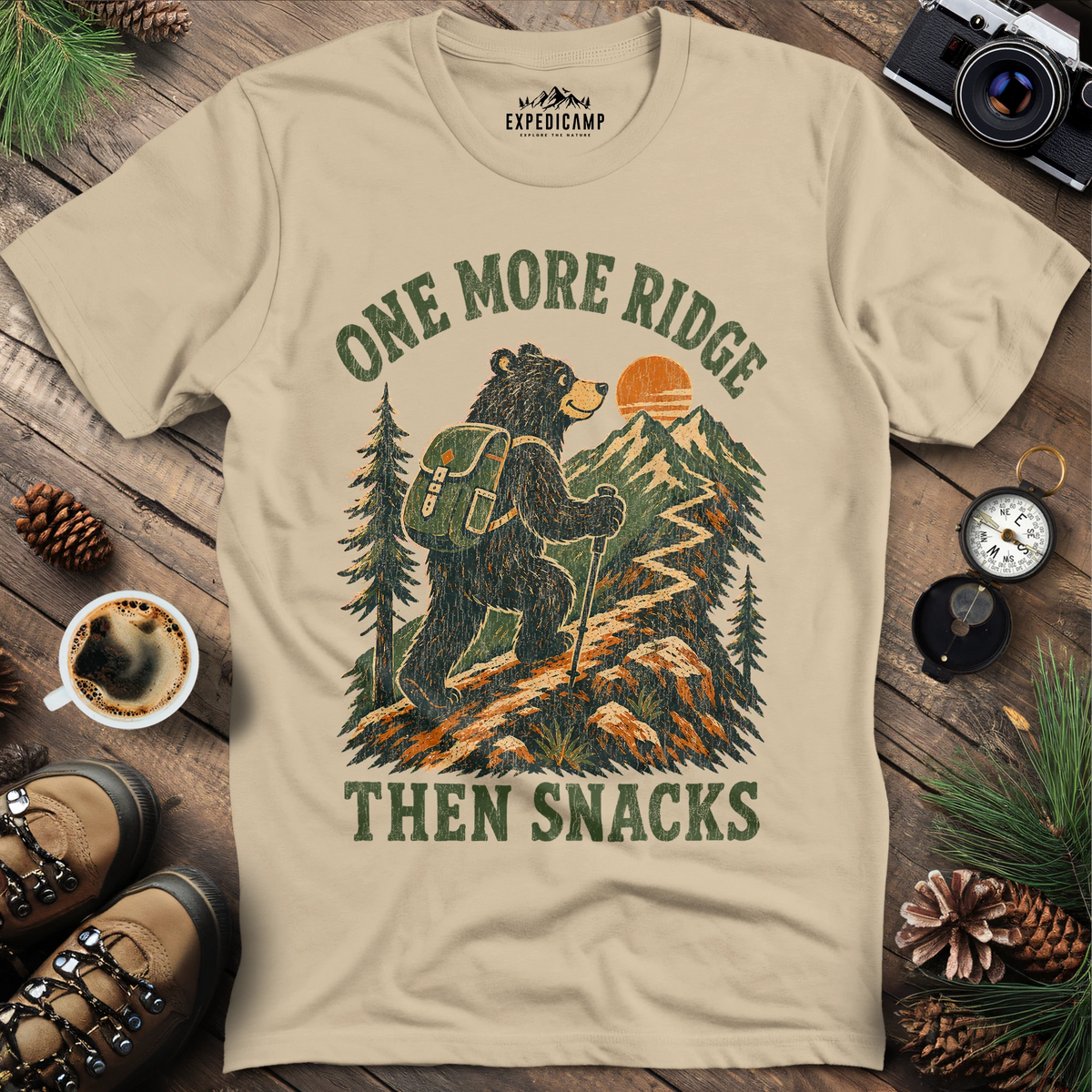One More Ridge Then Snacks Hiking Bear Shirt – Sand – Outdoor apparel for travel, hiking, camping, and nature lovers – ExpediCamp