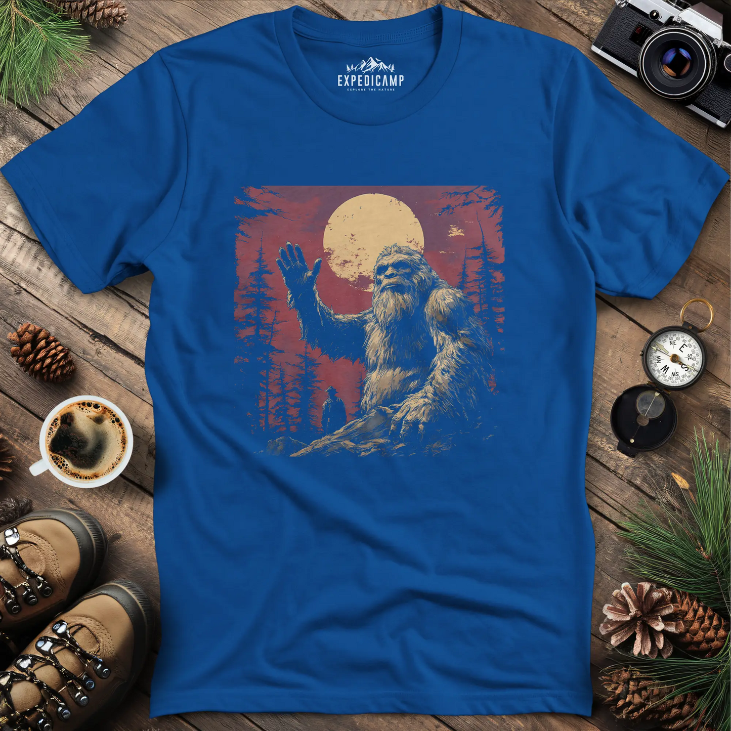 Bigfoot Waving T-Shirt – Friendly Sasquatch Under the Moon